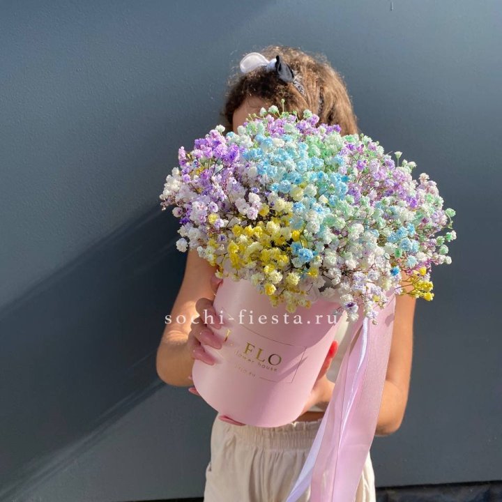Радужные гипсофилы в шляпной коробке в Волжские