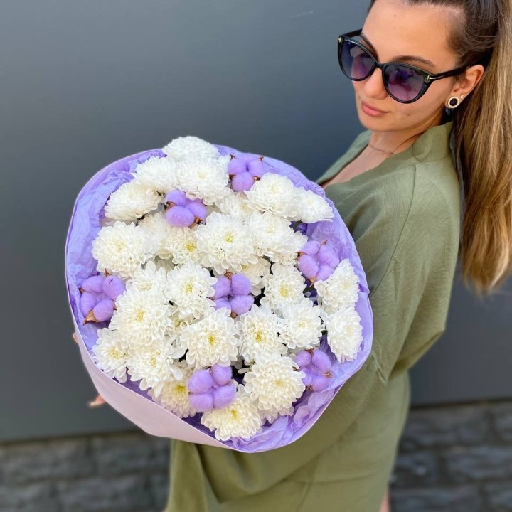  Букет  хризантем и хлопка в Волжские