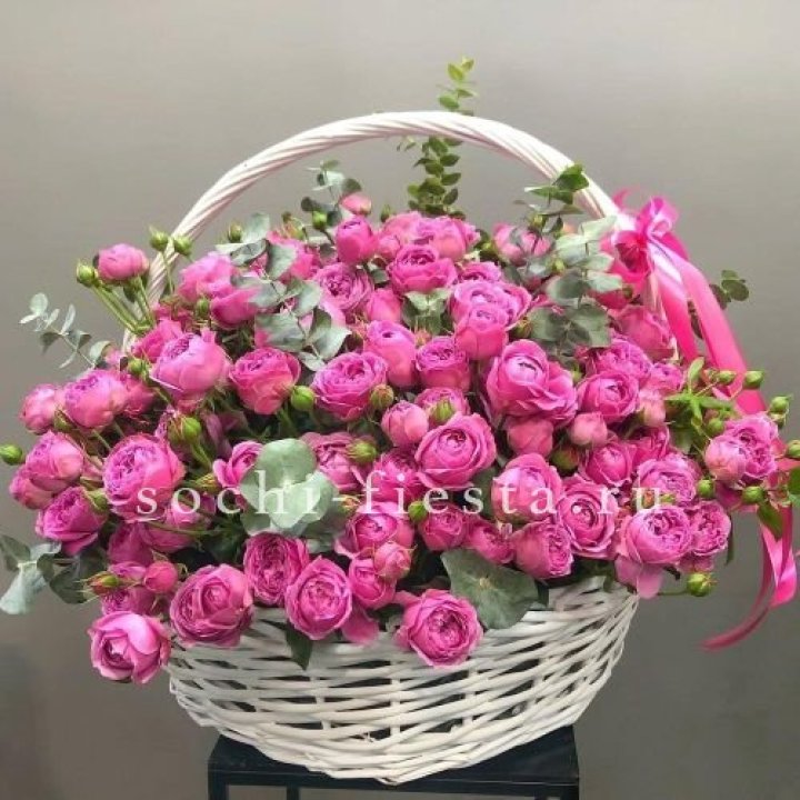 65 пионовидных кустовых роз в корзине в Волжские